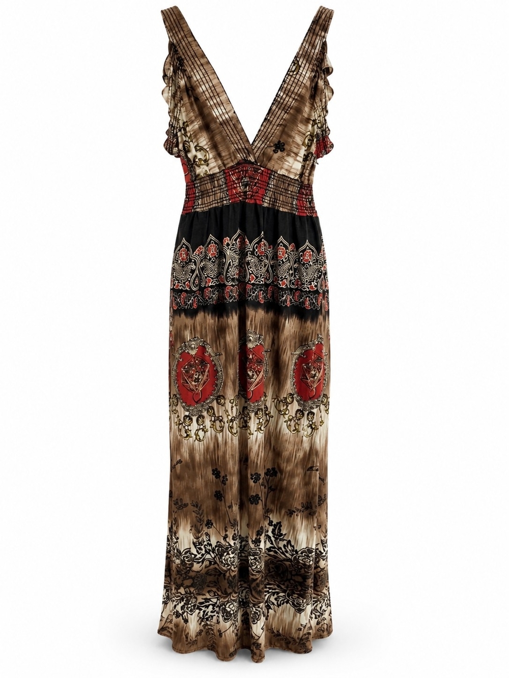 Bohemian V-Neck Maxi Dress in Brown and Red